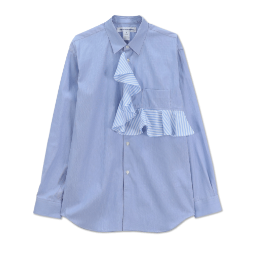 Cdg Stripe Contrast Shirt with Frill Placket - Blue front side Cdg Stripe Contrast Shirt with Frill Placket - Blue front side