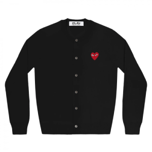 CDG PLAY Round Neck Cardigan Red Emblem Black Front Side