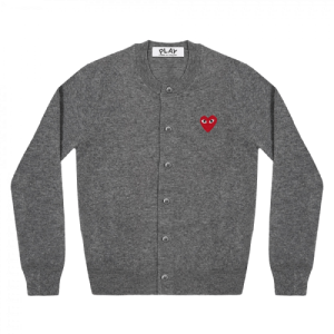 CDG PLAY Round Neck Cardigan Red Emblem Grey Front Side