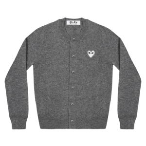 CDG PLAY Round Neck Women's Cardigan White Heart Dark Grey Front Side