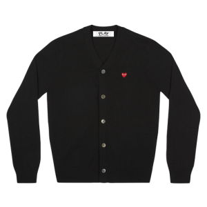 CDG PLAY V-Neck Cardigan with Small Red Heart Black Front Side