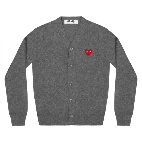 CDG PLAY V-Neck Men's Cardigan Red Emblem Grey Front Side