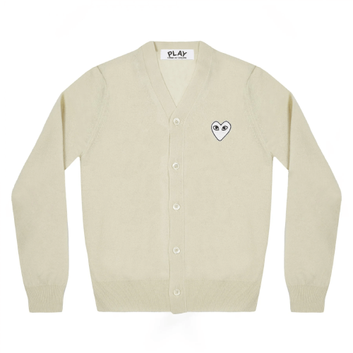 CDG PLAY V-Neck Men's Cardigan White Heart Natural Series Off White CDG PLAY V-Neck Men's Cardigan White Heart Natural Series Off White Front Side