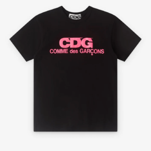 CDG Pink Logo T-Shirt Black Front Side