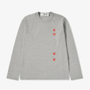 CDG Play Multi Red Heart Long Sleeve T-Shirt Grey Front Side