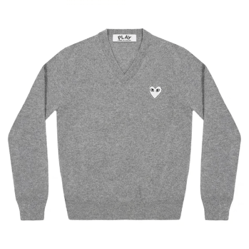 CDG Play V-neck Pullover White Heart (Grey) CDG Play V-neck Pullover White Heart (Grey) Front Side