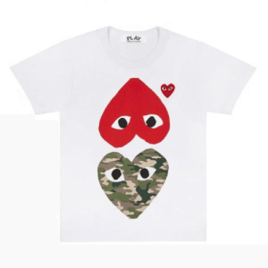 CDG Play White T-Shirt With Camo Printed Mirror Hearts Front Side