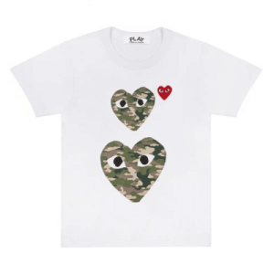 CDG Play White T-Shirt With Camo Printed Small and Big Hearts Front Side