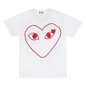 CDG Play White T-Shirt With Red Outline Heart Front Side
