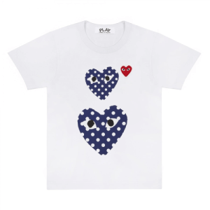 CDG Play White T-Shirt with Polka Dot Printed Small and Big Hearts Front Side