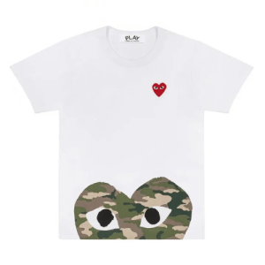 CDG Play White T-shirt With Camo Printed Half Heart Front Side