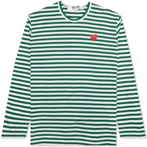 CDG PLAY Big Red Heart Striped L/S T-Shirt (White/Green) Front Side