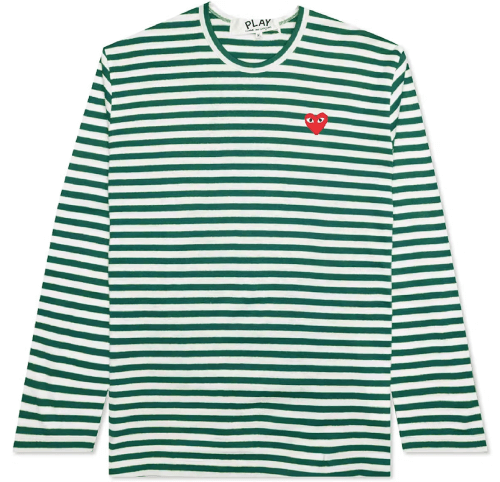 CDG PLAY Big Red Heart Striped L/S T-Shirt (White/Green) CDG PLAY Big Red Heart Striped L/S T-Shirt (White/Green) Front Side