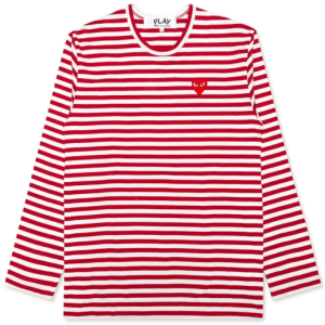 CDG PLAY Big Red Heart Striped L/S T-Shirt (White/Red) Front Side