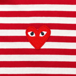 CDG PLAY Big Red Heart Striped L/S T-Shirt (White/Red) Logo