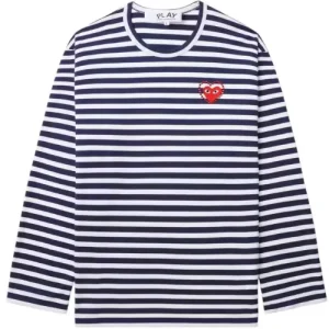 CDG PLAY Metalstone Heart Striped L/S Tee (Navy/White) Front Side