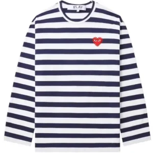 CDG PLAY Rhinestone Heart Striped L/S Tee (White/Navy) Front Side