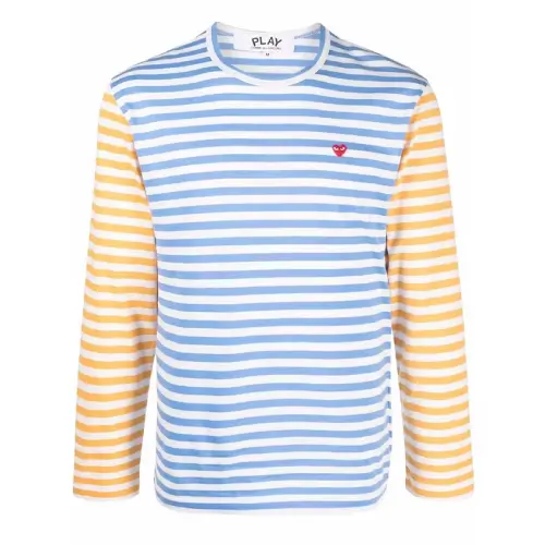 CDG Play Embroidered Logo Striped Long-Sleeve Blue/Yellow Tee CDG Play Embroidered Logo Striped Long-Sleeve Blue/Yellow Tee Front Side