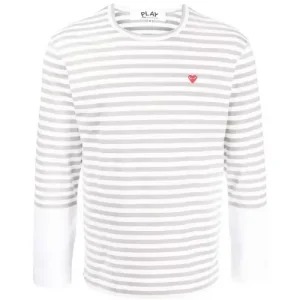 CDG Play Embroidered Logo Striped Long-Sleeve Tee White/Grey Front Side