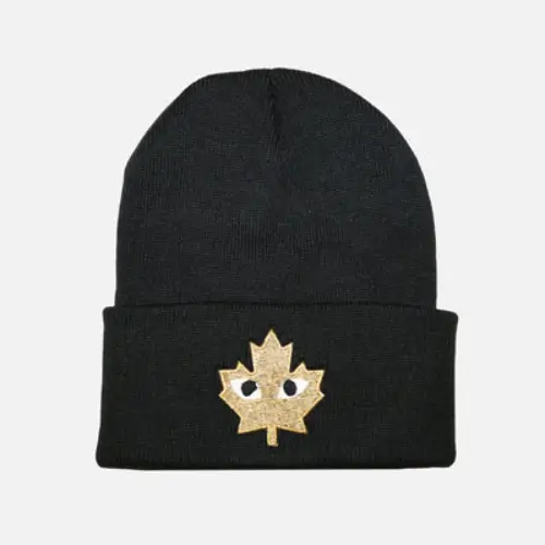 CANADA des GARCONS Beanie Gold Emblem CANADA des GARCONS Beanie Gold Emblem Front Side View With Canadian Maple Emblem